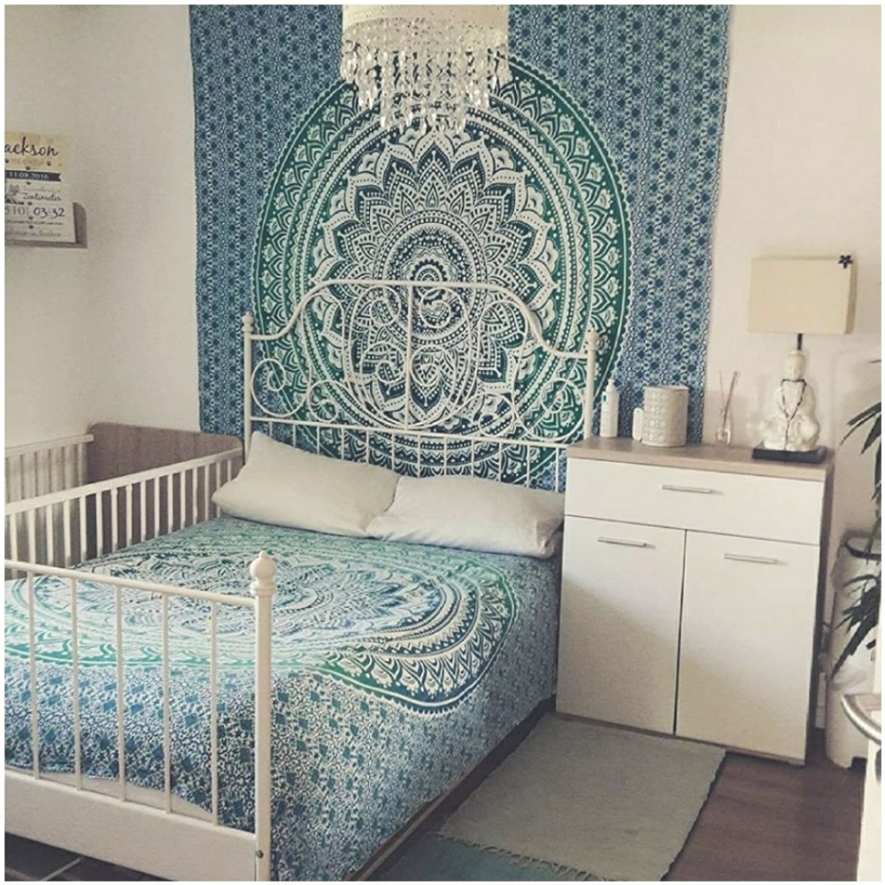 Teal Mandala Tapestry Wall Hanging Art - Picture 2 of 6